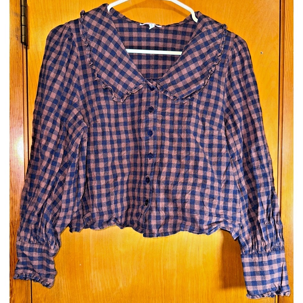 Calista Brown Navy Gingham Plaid Oversized Peter Pan Collar Crop Blouse‎ Small